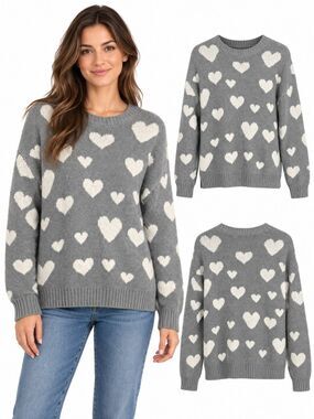 Marled M Gray White Heart Knit Crewneck Pullover Sweater